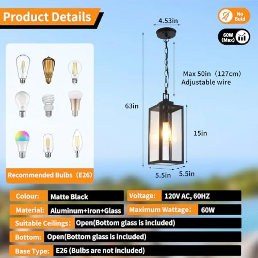 Large Outdoor Pendant Light Fixture Waterproof 15 inch Outdoor Hanging Porch Light Anti-Rust Exterior Hanging Outdoor Lantern f