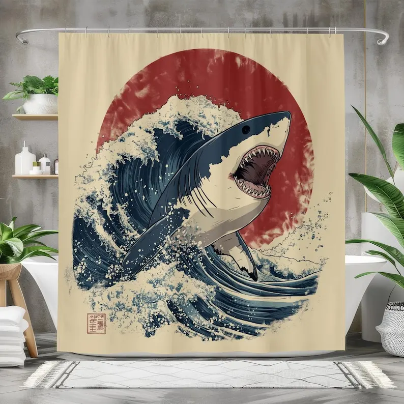 Japanese Shark Wave Shower Curtain with Red Sun, Bold Ukiyo-e Ocean Art Bathroom Decor, Great White Shark Polyester Curtain