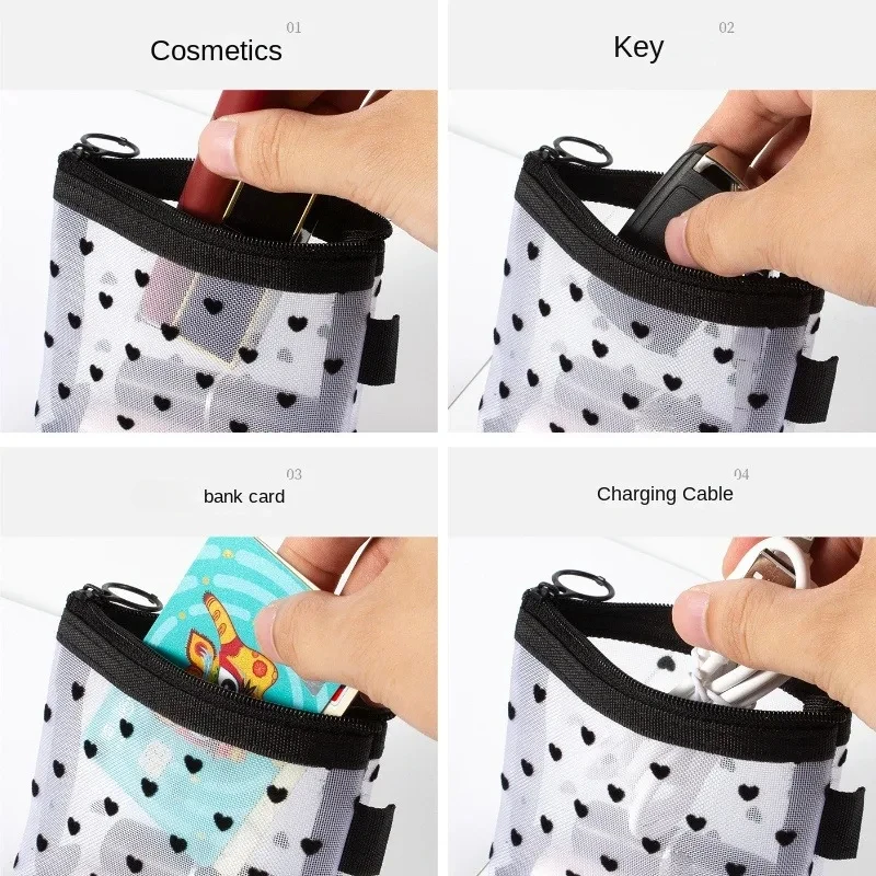 Sac de rangement en maille transparente imprimé en forme de cœur, sac cosmétique transparent portable, poudres de maquillage, mini porte-monnaie