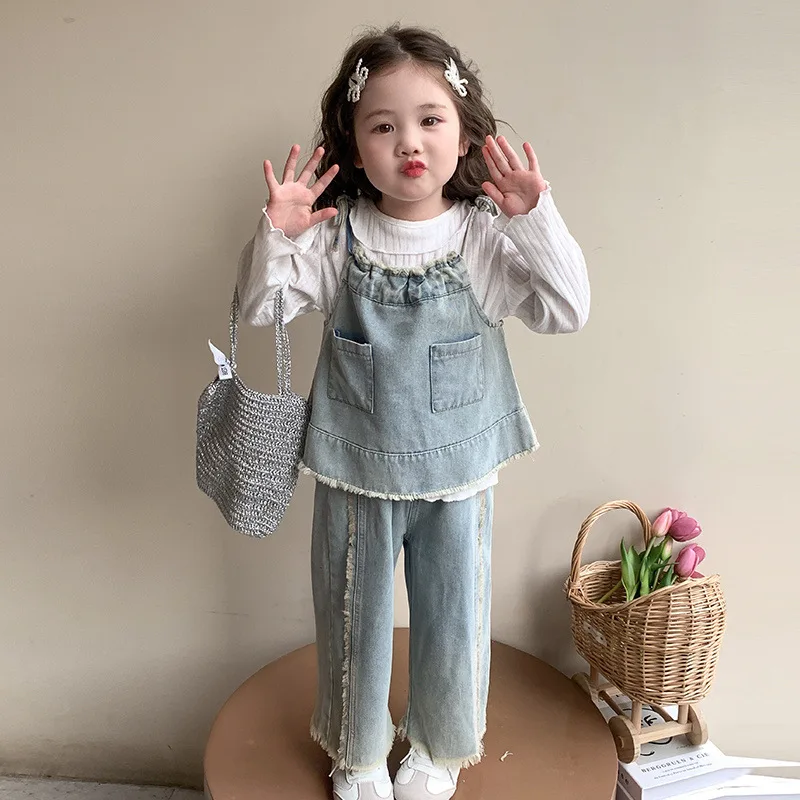 Spring and Autumn New Denim Set for Baby Girls Fashion Lace Bottom Shirt Hairy Edge Straight Leg Pants Three Piece Set