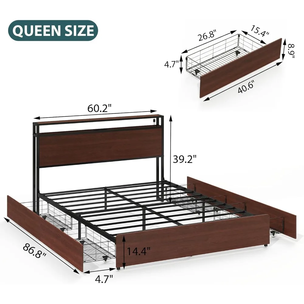 Marco de cama tamaño Queen/Full con 4 cajones de almacenamiento y cabecero con luz LED de almacenamiento de 2 niveles, sin ruido, No requiere somier