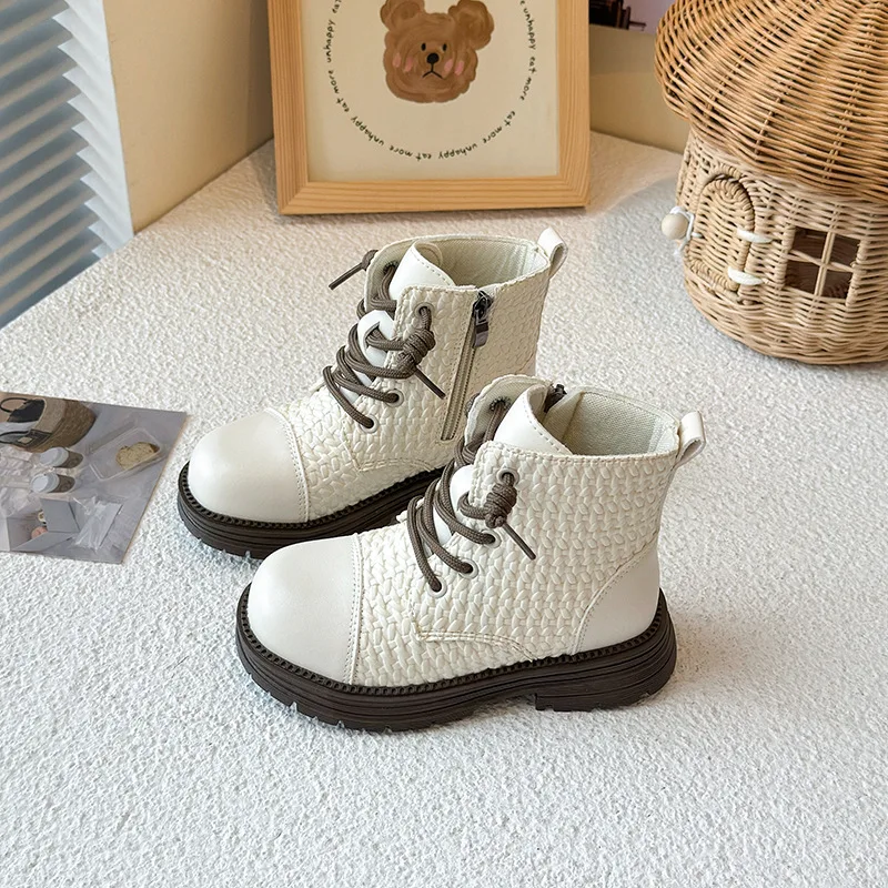 Children Leather Boots Weave Princess Style Girls Short Boots Soft Bottom 2025 Autumn Winter Fashion Kids Ankle Boots Non-slip