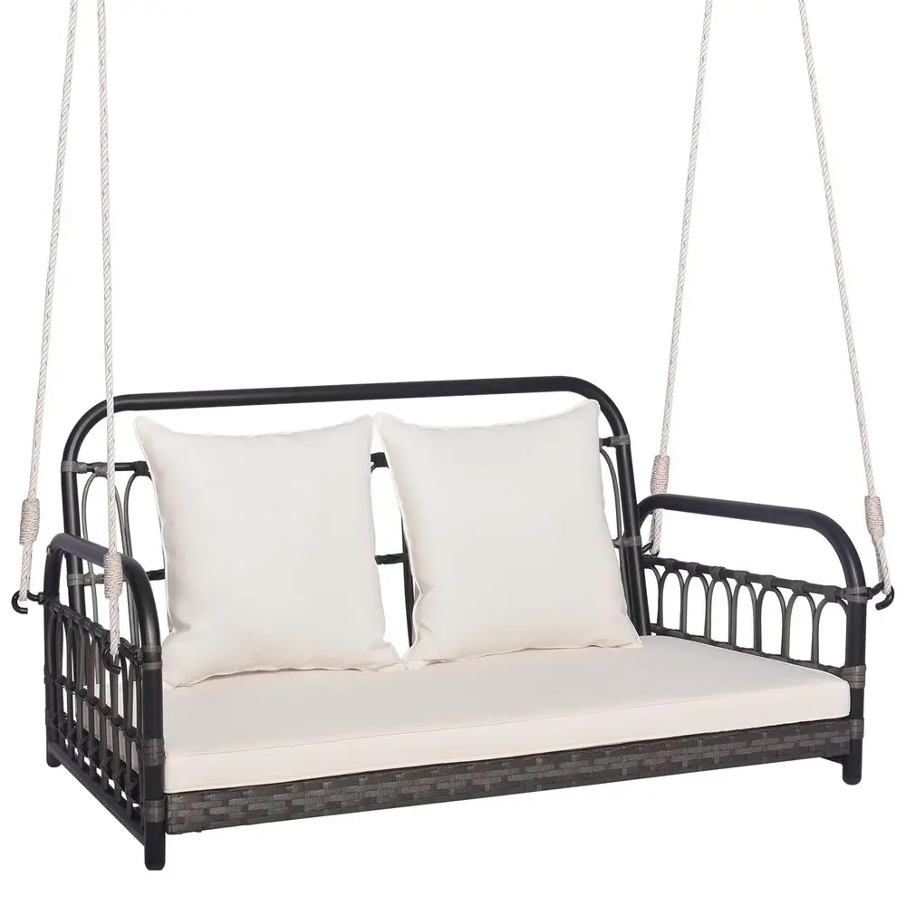 

Outdoor Wicker Porch Swing, 2Person Hanging Seat with Seat Back Cushions, HeavyDuty Metal Frame 2 Sturdy Hanging Ropes, Wicker