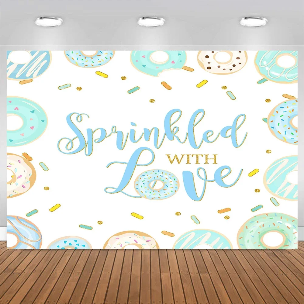 Mocsicka Sprinkled With Love Backdrop Blue Donut Theme Golden Glitter Party Background Baby Kid Children Shower Photography Prop