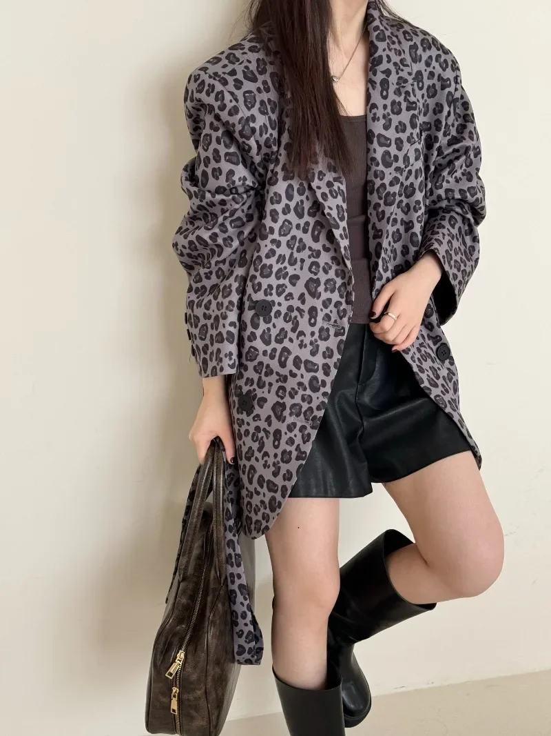 Neploe Korean Sexy Leopard Print Blazers Femme 2024 Autumn Winter Casual Loose Versatile Lapel Collar Long Sleeve Suit With Belt