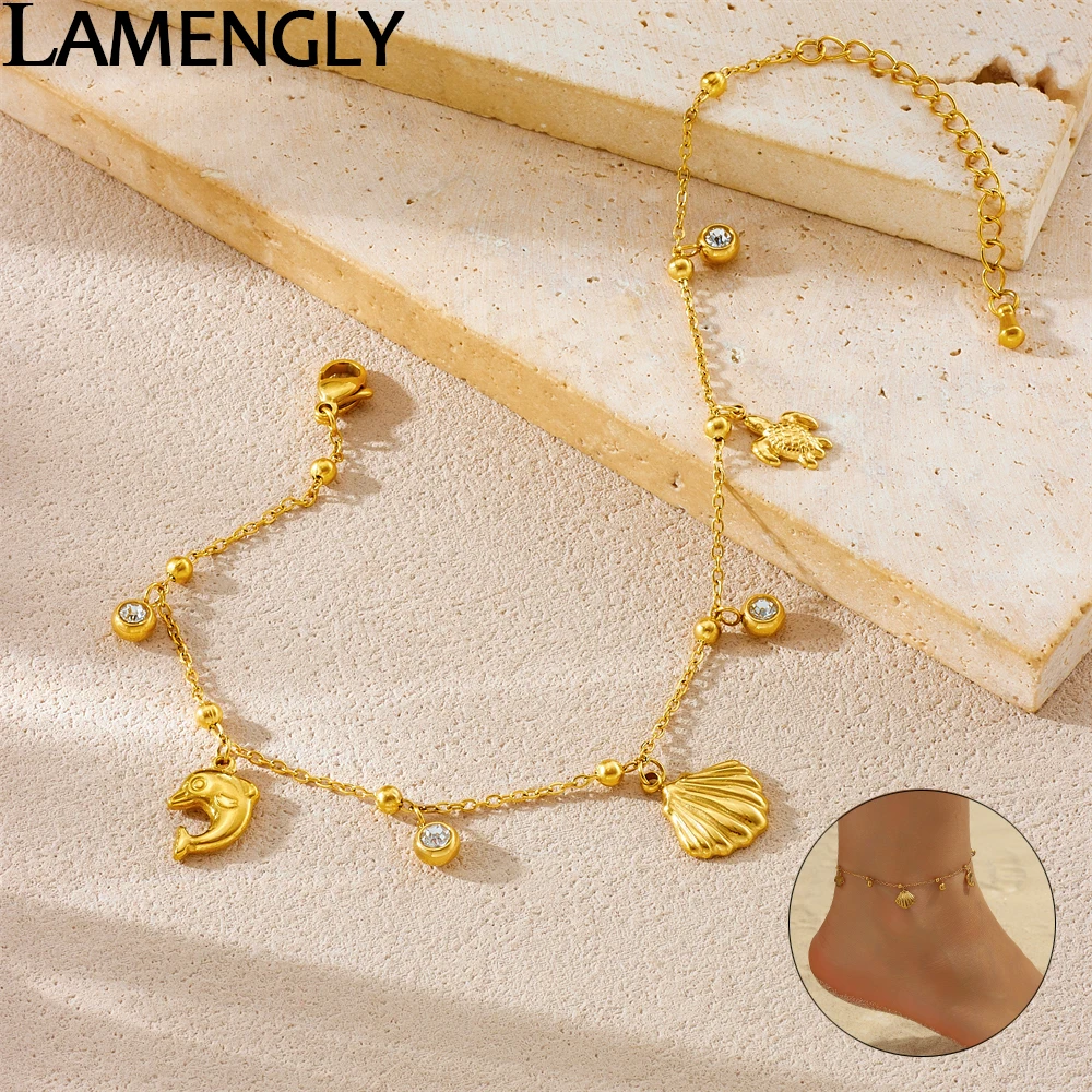 

LAMENGLY 316L Stainless Steel Ocean Beach Style Turtle Shell Dolphin Pendant Anklets Women Fashion And Leisure Foot Chain Gift