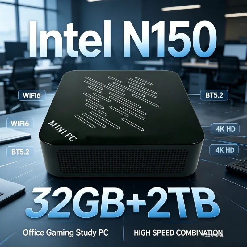 High-Speed Mini PC Intel N150 16GB RAM 2TB HDD WiFi 6 Display Support Windows 11 Compact Gaming Desktop for Home Office Work