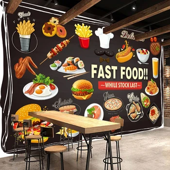 Custom Foto Behang Voor Muren Roll 3D Fast Food Restaurant Burger Pizza Shop Decoratie Muurschildering Waterdicht Canvas Schilderij Muur