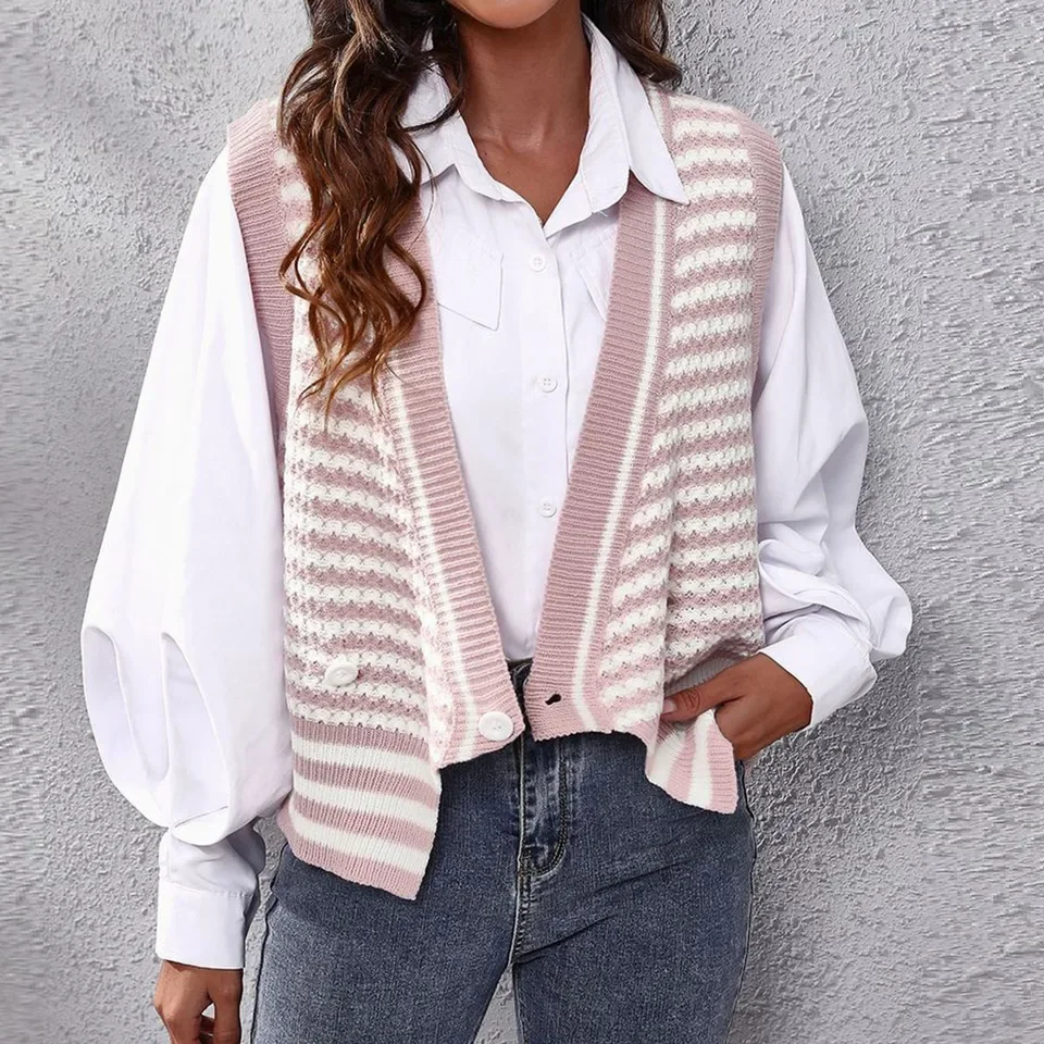 Womens Printed Casual Cardigan Deep V Striped Sleeveless Top Loose Knit Women'S Sweater Cardigan Top куртка женская