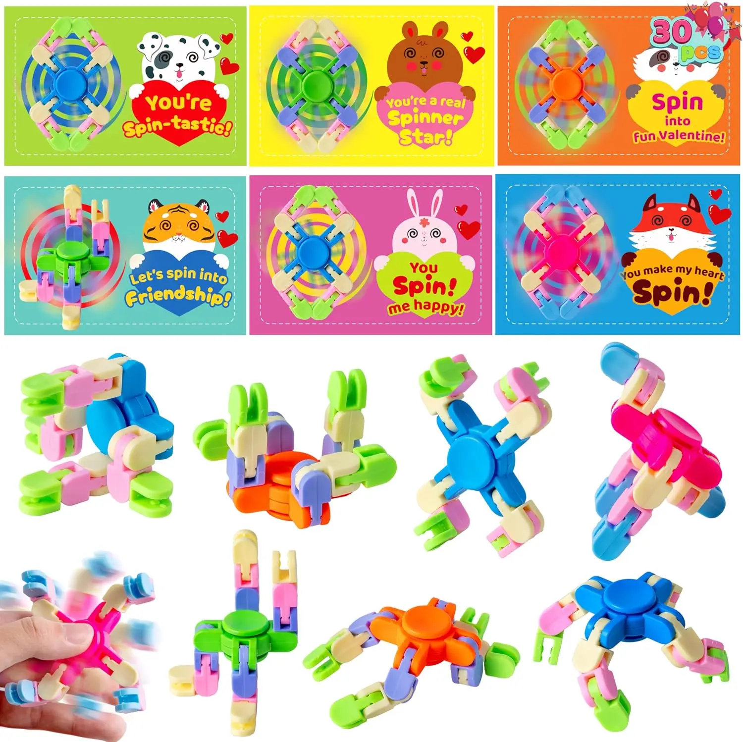 

30 упаковок спиннеров на День святого Валентина с подарочными карточками (6 дизайнов), игрушки для снятия стресса для детей, сувениры для школьных вечеринок