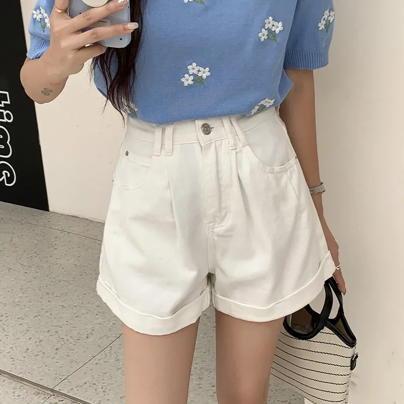 

ZHISILAO White Wide Leg Denim Shorts Women Retro Casual High Waist A-line Jeans Shorts Summer 2024