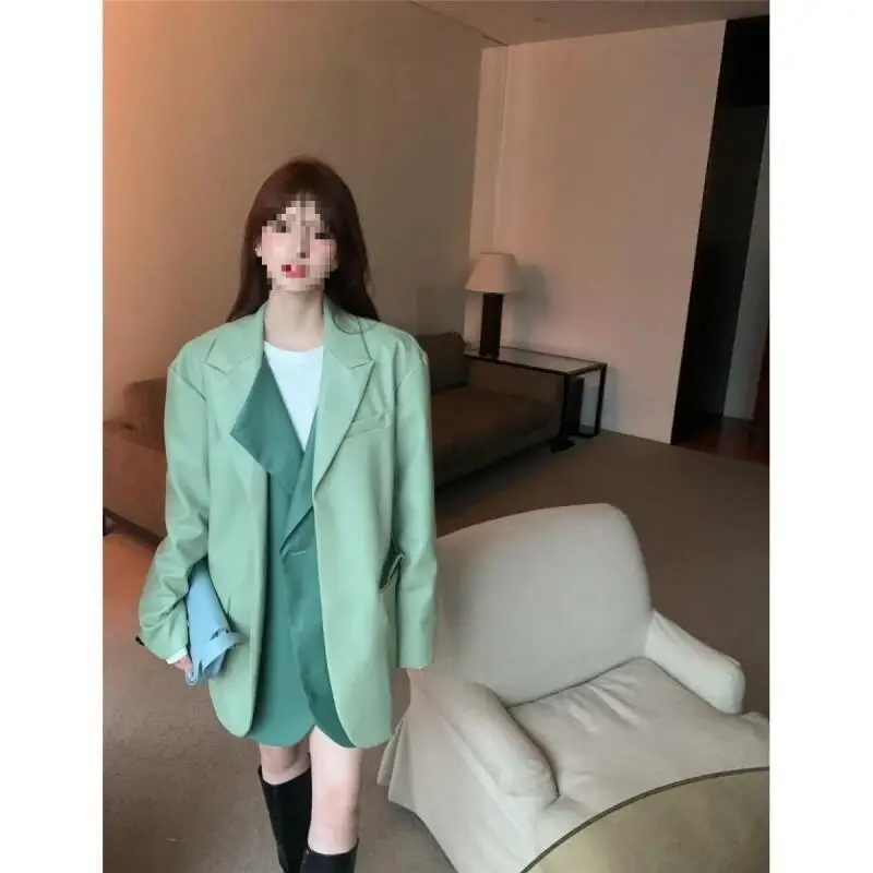 스플라이스 페이크 투피스 가죽 재킷 수트 코트 여성용 가을 겨울 신상 한국 버전 롱 스타일 루즈 가죽 재킷