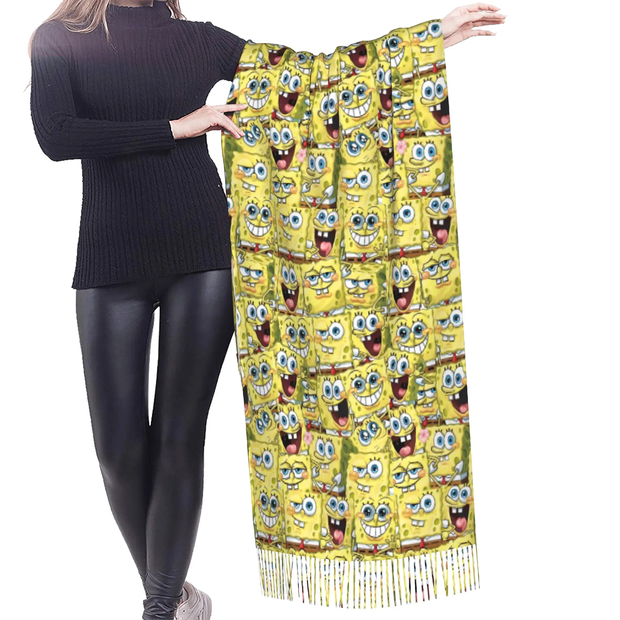 Custom Lady Large S-Sponges Anime Bobes Scarves Women Winter Thick Warm Tassel Shawl Wraps Starfish Cartoon Scarf