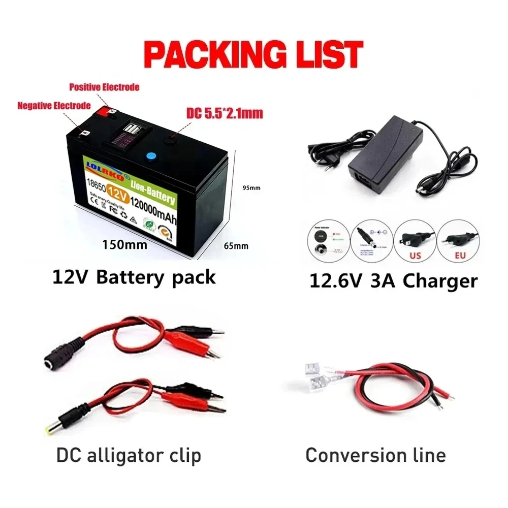 12V Battery 120Ah 18650 lithium battery pack Rechargeable battery for solar energy electric vehicle battery+12.6v3A charger