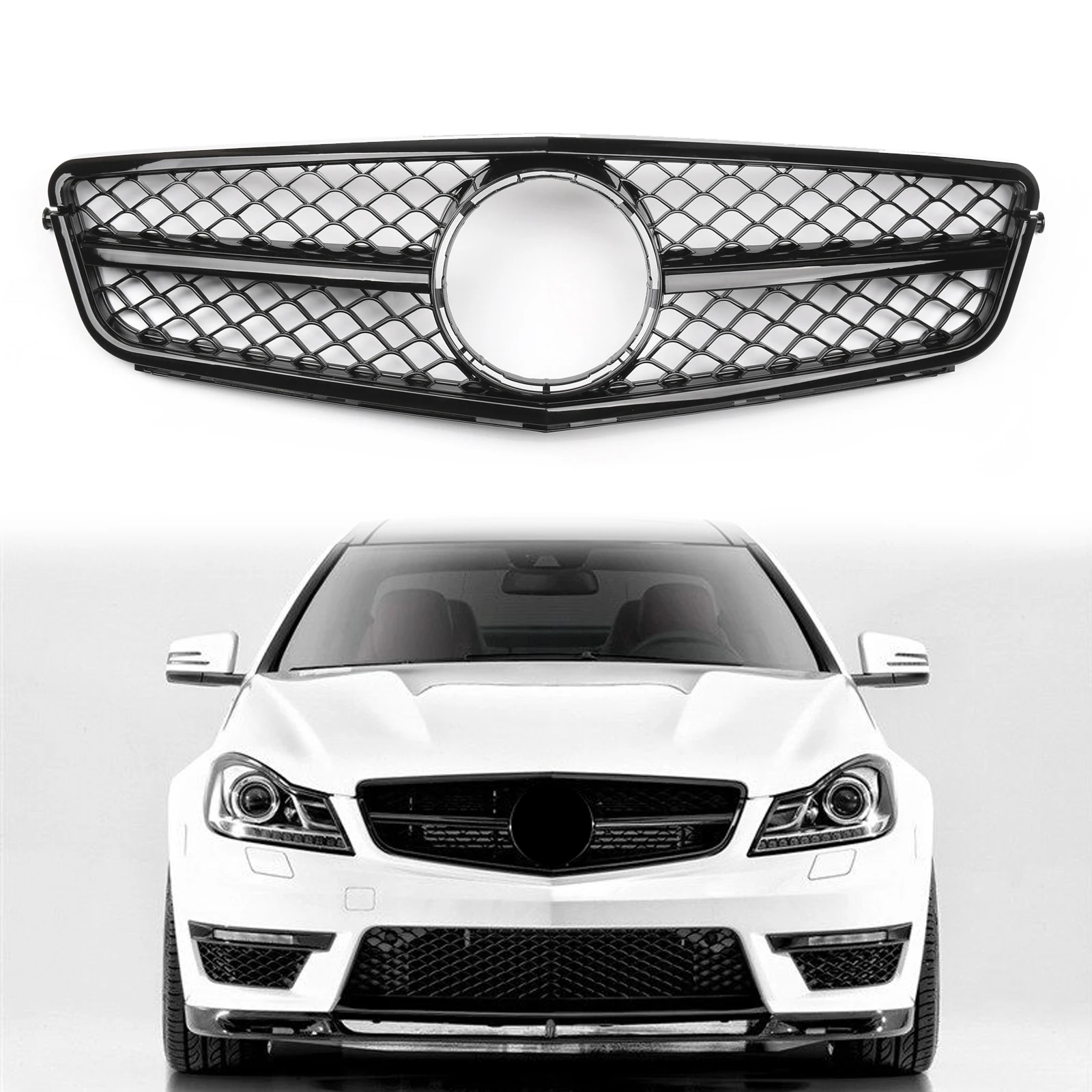 Areyourshop AMG Black Front Bumper Grille Grill For  C-Class W204 C300 C350 2008-2014 With Logo