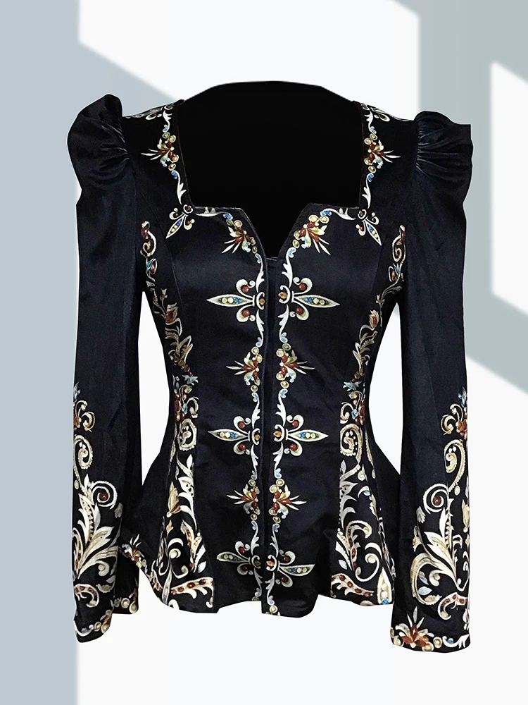 Elegant Chic Women Tops Floral Pattern Deep V Neck Slim Waist Peplum Long Sleeve Design Asymmetric Vintage Velvet Blouse