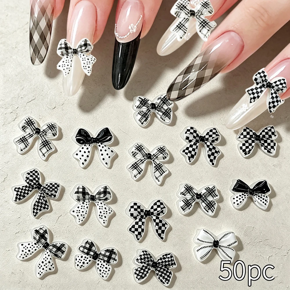 50pcs 3D Black White Bow Resin Nail Charms Mixed Retro Plaid Checkerboard Dot Type Ribbon Bowtie Nail Decorations Nail Supplies