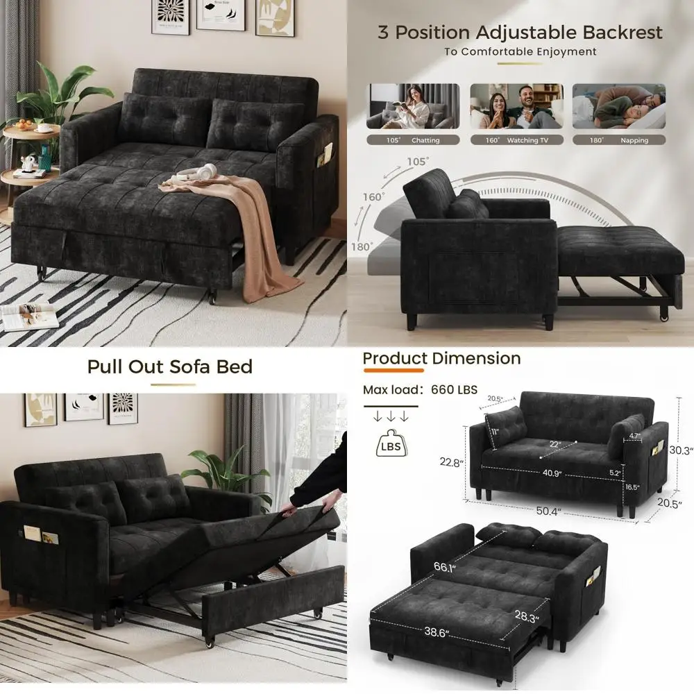 

Convertible Sleeper Sofa Bed, 3-in-1 Pull Out Couch with Adjustable Backrest, Chenille Loveseat Couches with Side Storage