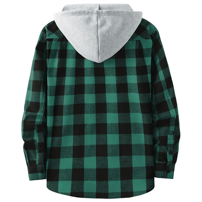 Mens Spring Autumn Plaid Print Hooded Shirts Mens Casual Loose flannel Harajuku Korean Long Sleeve Shirts Street Shirts Coats