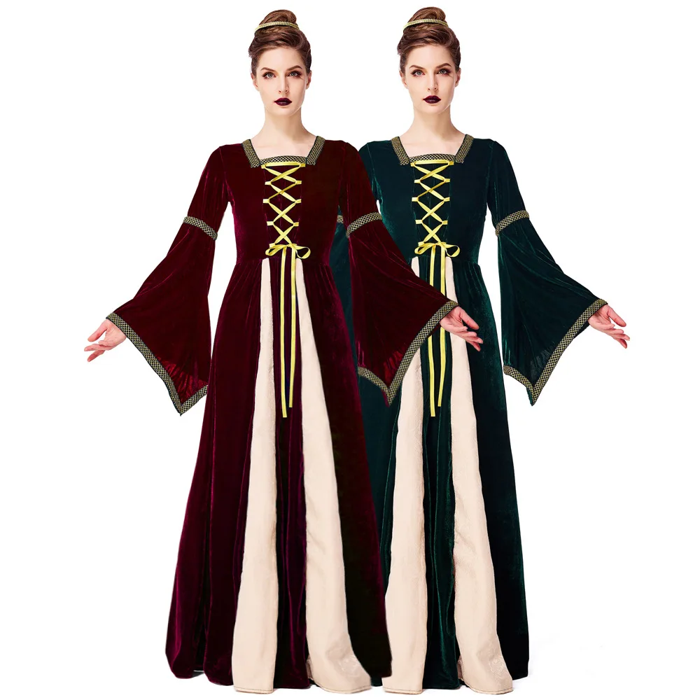 

Halloween Vintage Medieval Dark Green Noble Court Adult Stage Performance Costume