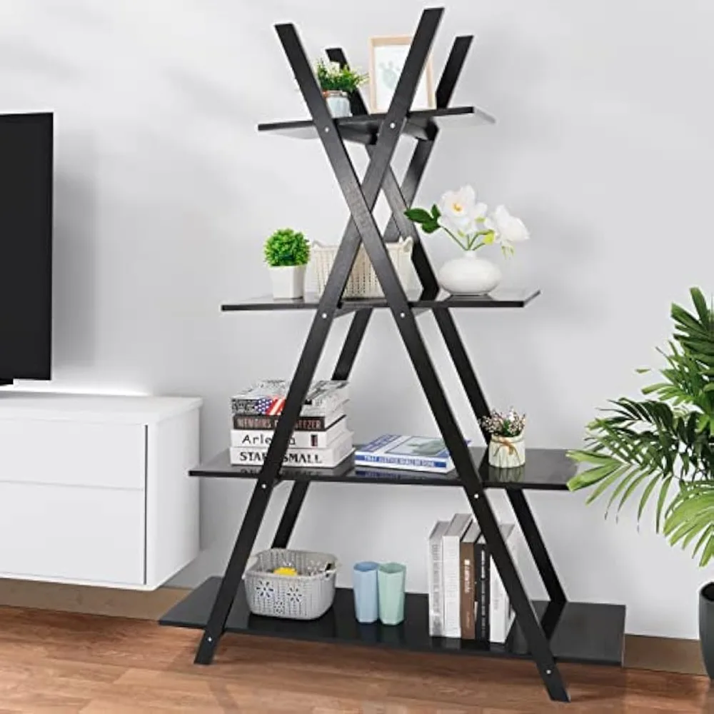 4 Tier Ladder Bookshelves Storage Shelves, A Frame Wooden Ladder Open Display Shelves Floor Storage Furniture for Home Office