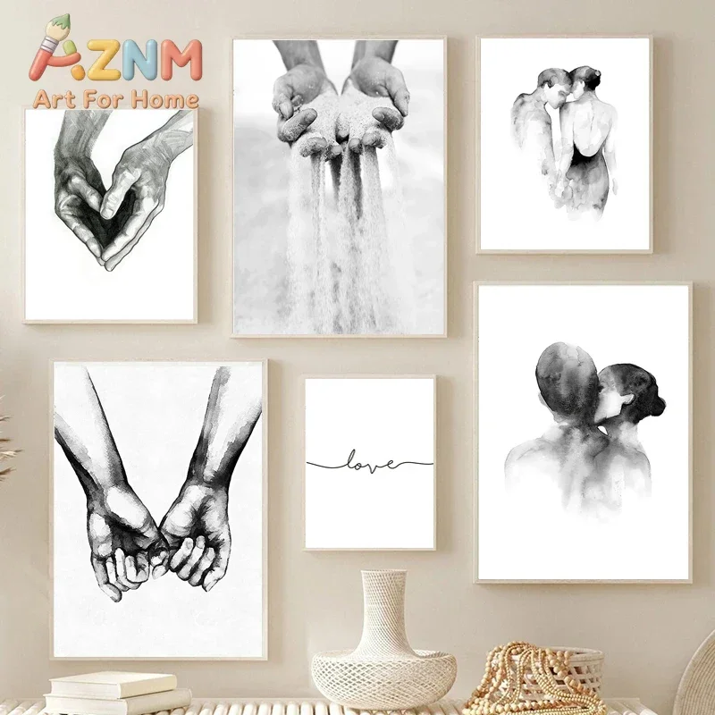 Nordic Black White Kiss Hand Picture Wall Art Canvas Printing Minimalist Abstract Poster Love Quotes Painting Home Decor