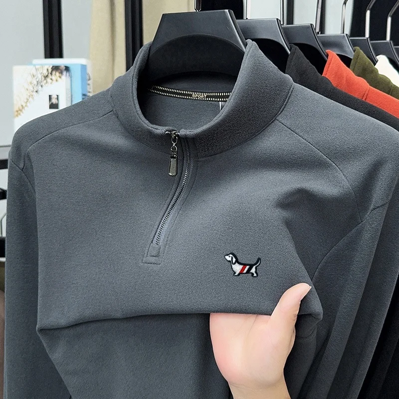 

Luxury Quality Men's Semi High Neck Zipper Long Sleeve T-Shirt Winter New Solid Color Dog Print Warm Fashion Casual Menswear Top