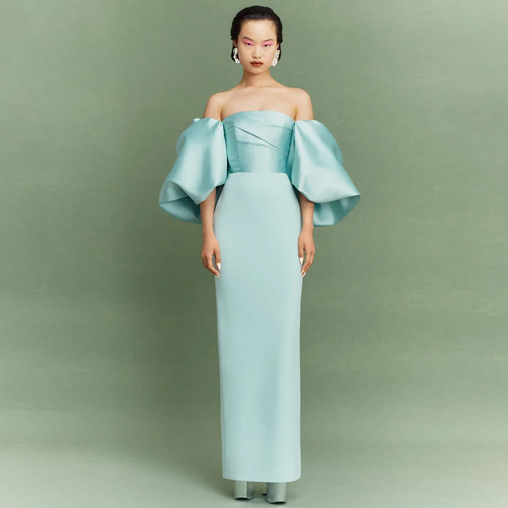 

Customized Simple Jersey Mermaid Evening Dress Temperament Off the Shoulder Prom Dresses Ankle Length Short Sleeves Party Dress