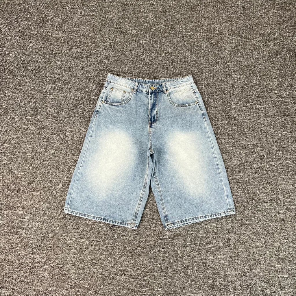 กางเกงยีนส์ขาสั้นเดนิมปักลาย Derchutze gjorts สีน้ำเงิน รุ่นใหม่ ทรงหลวม ขากว้าง สำหรับผู้ชายและผู้หญิง