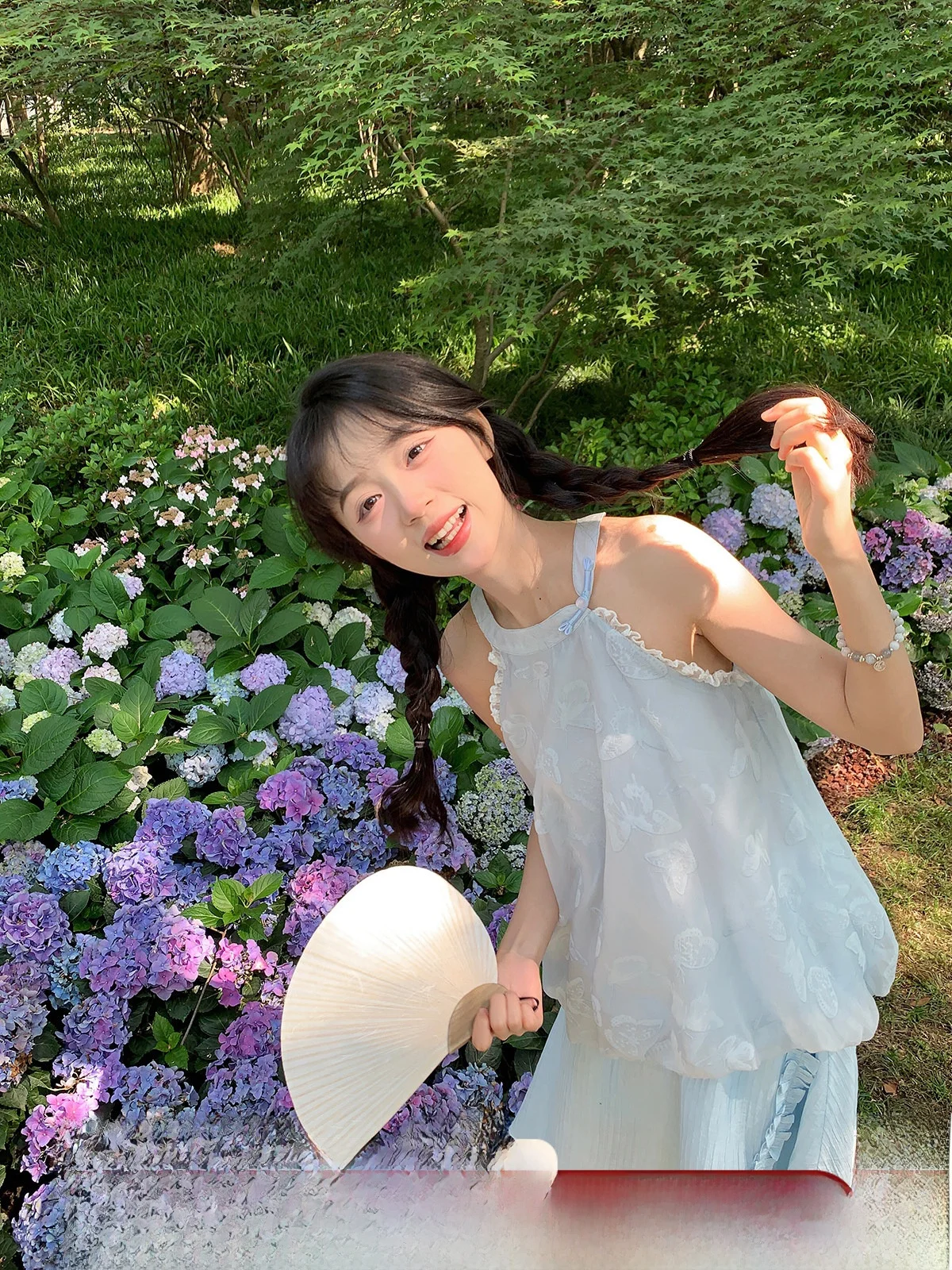

Elegant Blue Mesh Neckline Top And Skirt Set Women's Summer Fashion Loose Style Knot Classical Chinese National Wind