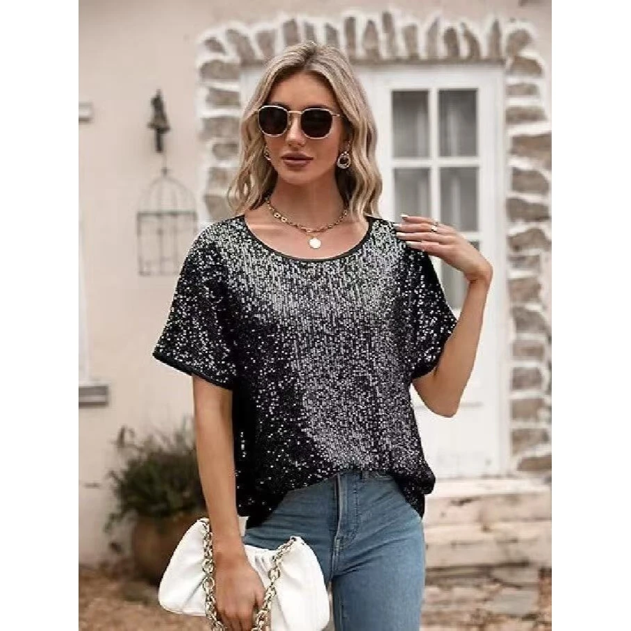 

Женская футболка оверсайз с пайетками, круглым вырезом, коротким рукавом, свободного кроя, из полиэстеровой смеси, лето 2026