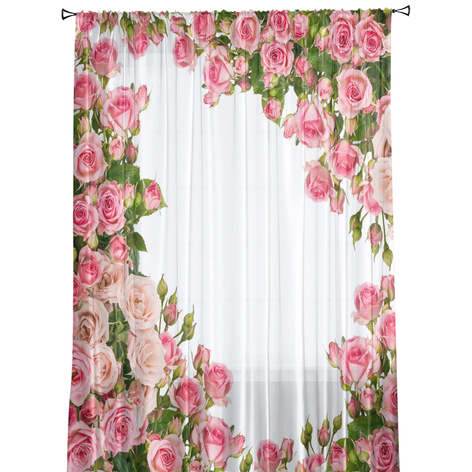 Pink Rose Flower Bouquet Sheer Curtains for Living Room Tulle Curtain for Bedroom Kitchen Window Voile Curtains