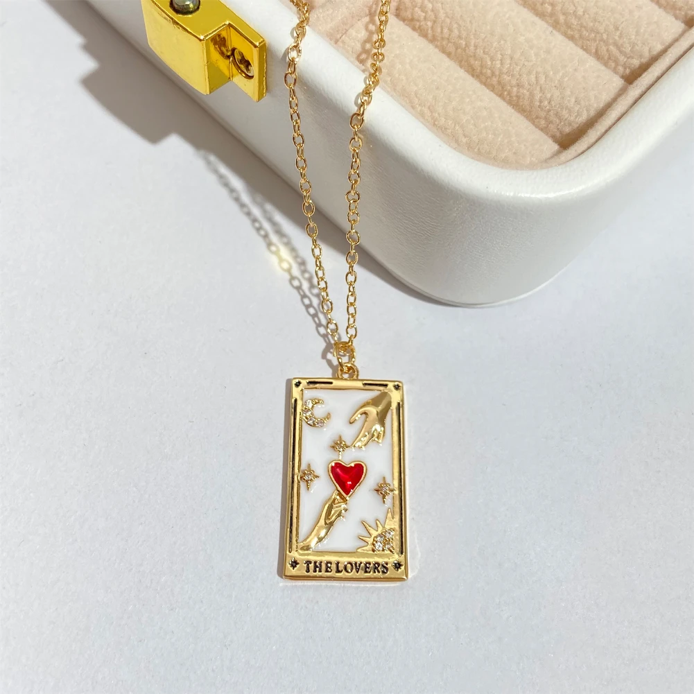 Fashion Stainless Steel Pendant Necklace Lovers Tarot Card Square Red Love Pendant Necklace Woman Party Gift Collar