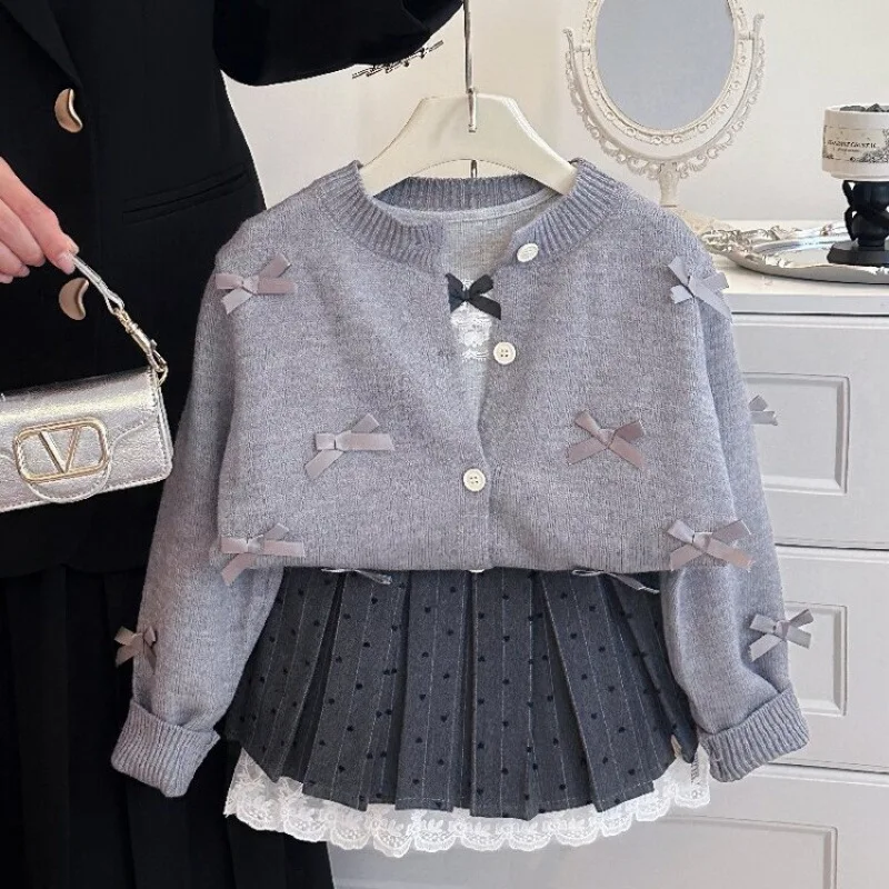 

Girls' Spring And 2025 New Style Children's Fashion Knitted Cardigan Skirt 3-Piece Set Autumn Dress