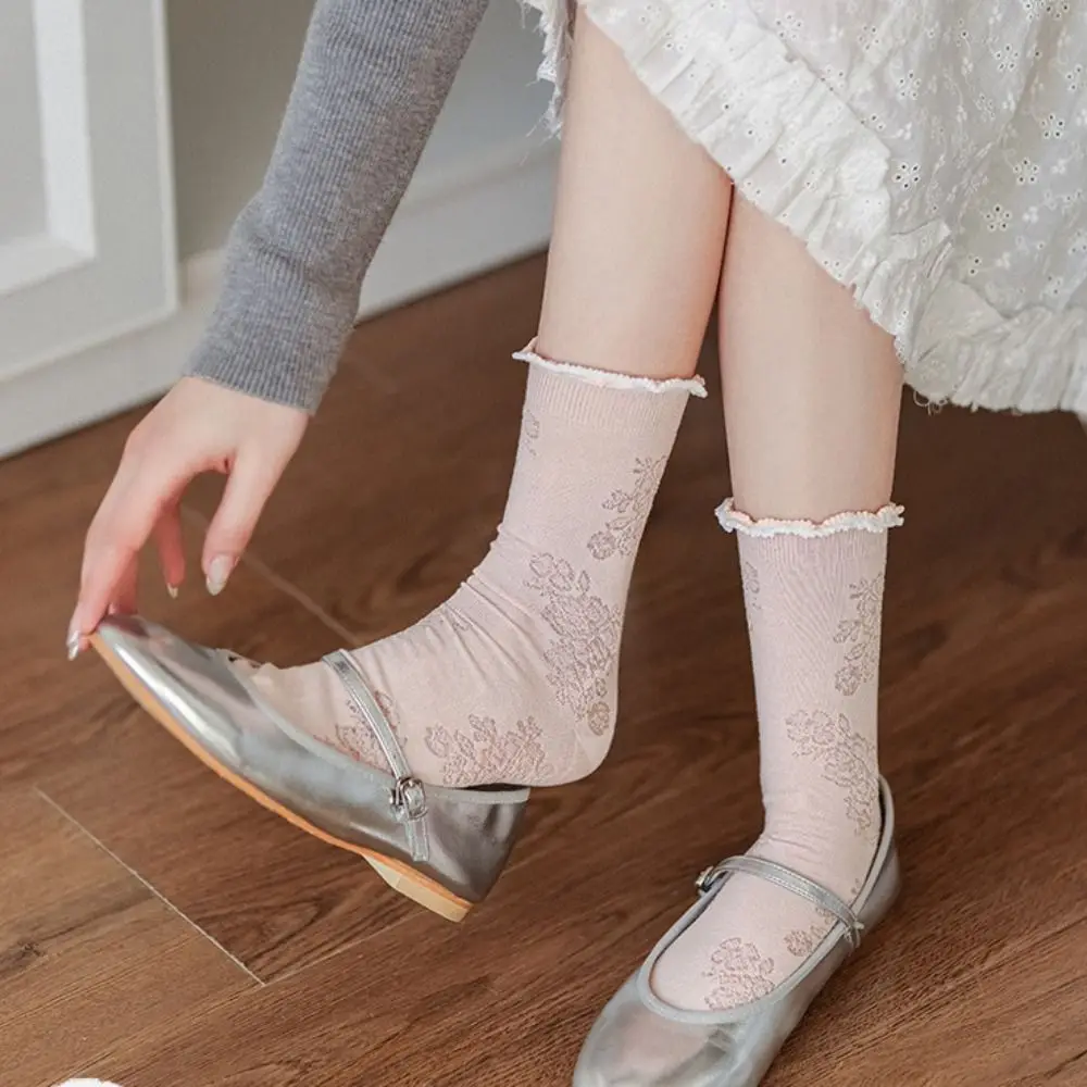 

3Pairs Fashion Ruffle Mesh Flower Socks Ins Style Breathable Mid Tube Socks Lolita Female Hosiery Sweet Socks Women Girl