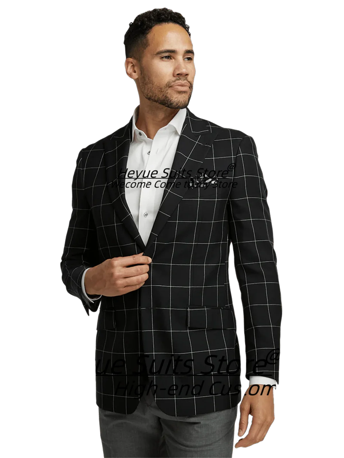 

Business Black Plaid Men Suits Customized Slim Fit Peak Lapel Groom Wedding Tuxedos 2Pieces Sets Male Prom Blazers Costume Homme