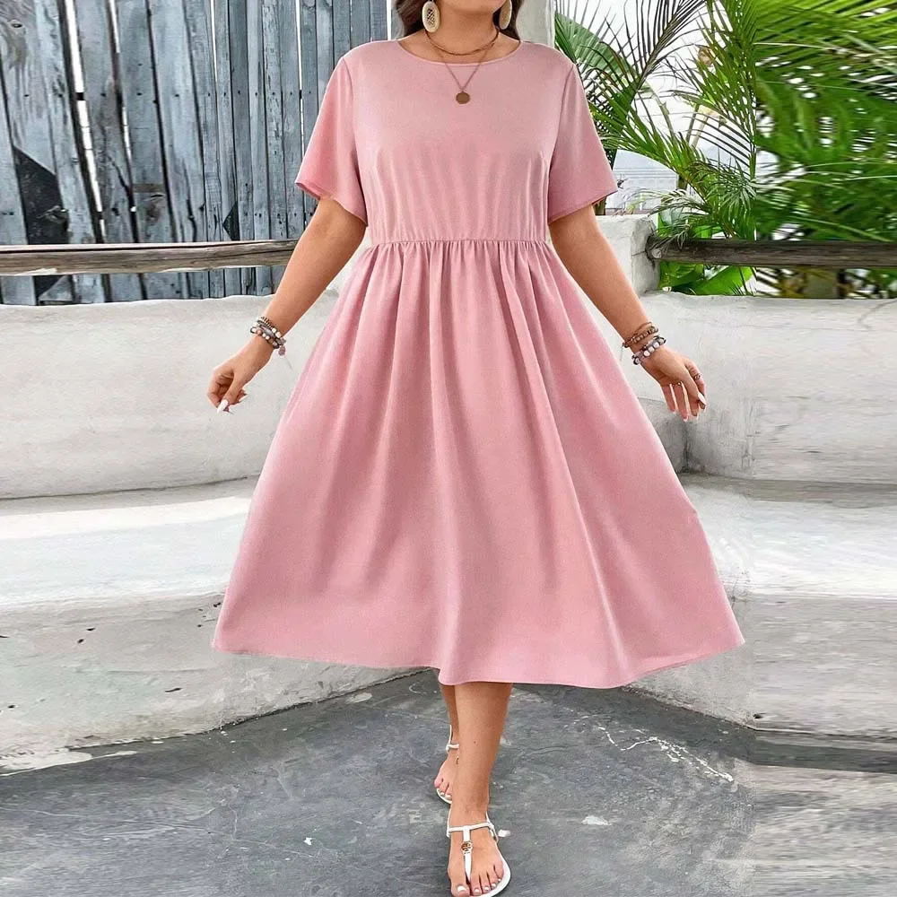 Plus Size Women's Wind Neck Short Sleeve Casual Dress Summer New Waist A-Line Midi Skirt