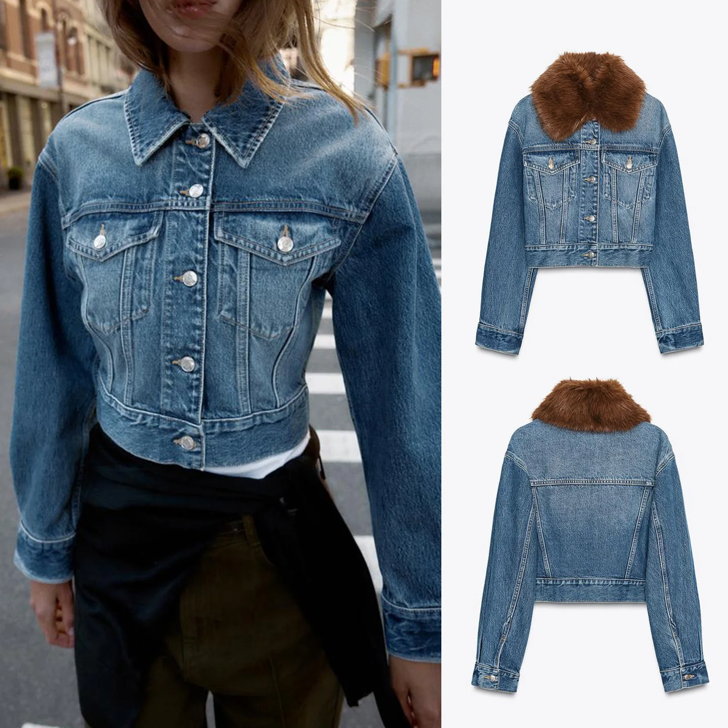 

Metallic Button Decorated ort Sve Long irt Women's Casual Sle Loose Fit Polyester Fiber Synthetic Fur Denim Jaet