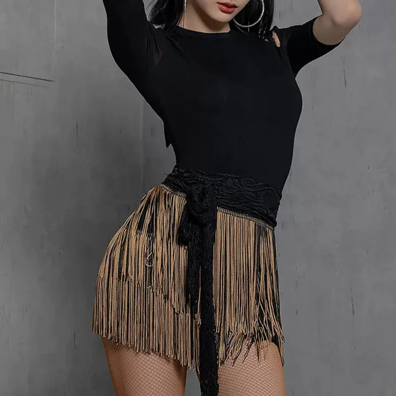 Adult Women Latin Double Layer Black Gold Banding Fringe Hip Scarf Skirt Girls Tassel Dress