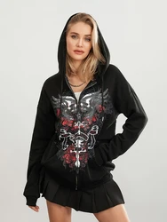 Women Y2k Hoodie Vintage Aesthetic Graphic Oversized Zip Up Sweatshirt Grunge Gothic Jacket Halloween Harajuku Casual Streetwear