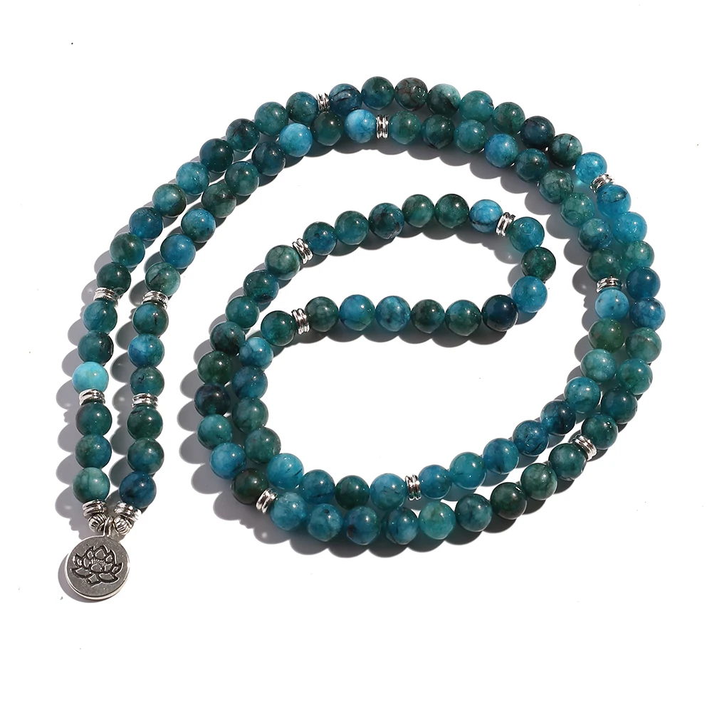 8mm Apatite Beaded Elastic Cord Wrap Bracelet 108 Mala Meditation Prayer Rosary Lotus Buddha OM Charm Jewelry for Men and Women