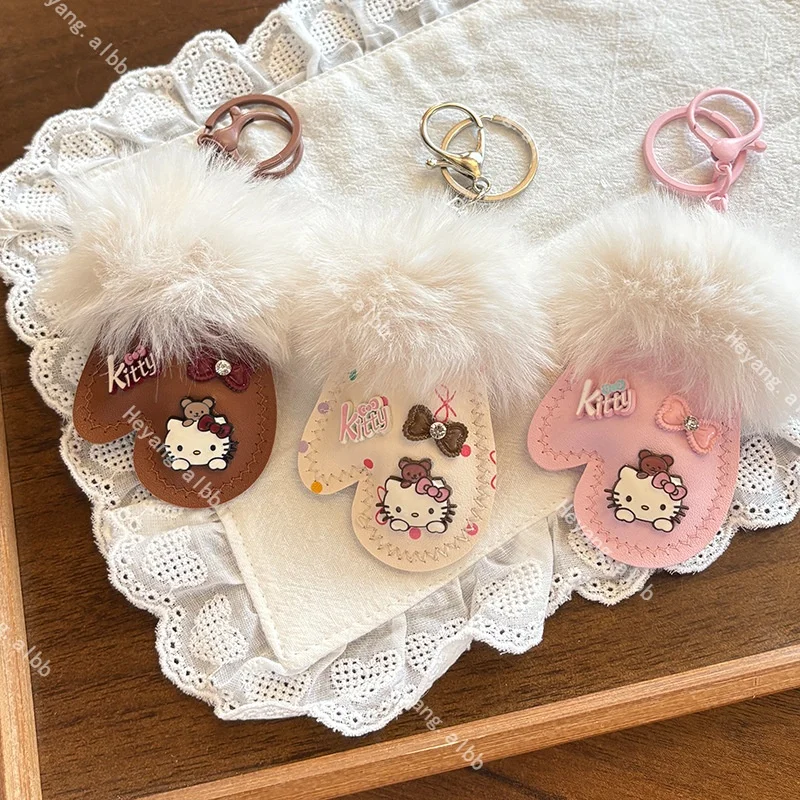 Sanrio Hello Kitty Plush Pu Material Gloves Shape Bow Lobster Clasp Keychain Girl Commuter Bag Decoration Valentine's Day Gift
