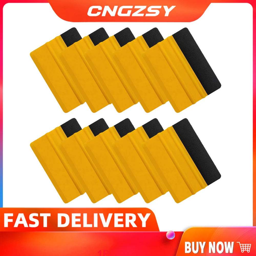 10pcs Yellow Car Scraper With Felt Card Squeegee Tool Film Wrapping 10x7cm Vinyl Wrap Carbon Fiber Foil Edge Tools A56