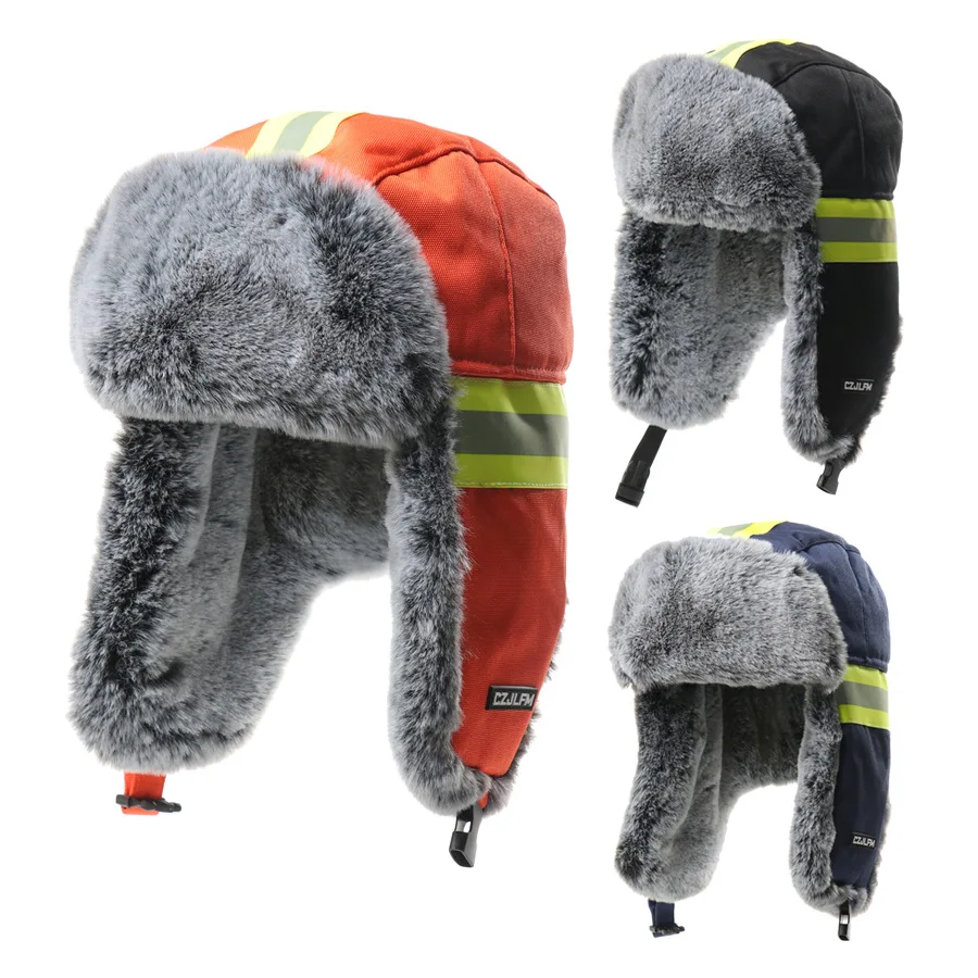 Thick Cotton Ushanka Hat with Reflective Strip, Wind‑proof Warm Earflap Winter Cap for Men Women Outdoor Cycling Sanitation Work
