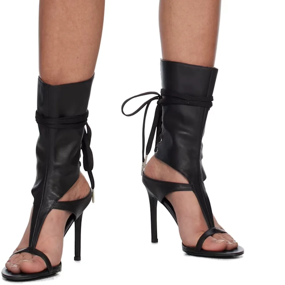 

2025 New Sexy Ladies Open Summer Roman Sandals Solid Color Straps Stiletto Catwalk Boots Fashion Party Casual Lace-Up Sandals