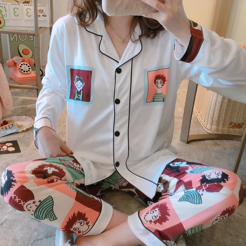 Summer New Cute Cartoon Casual Cardigan Collar Silk Pajamas Women's Spring and Autumn Long Sleeve Home Suit Evening Dress