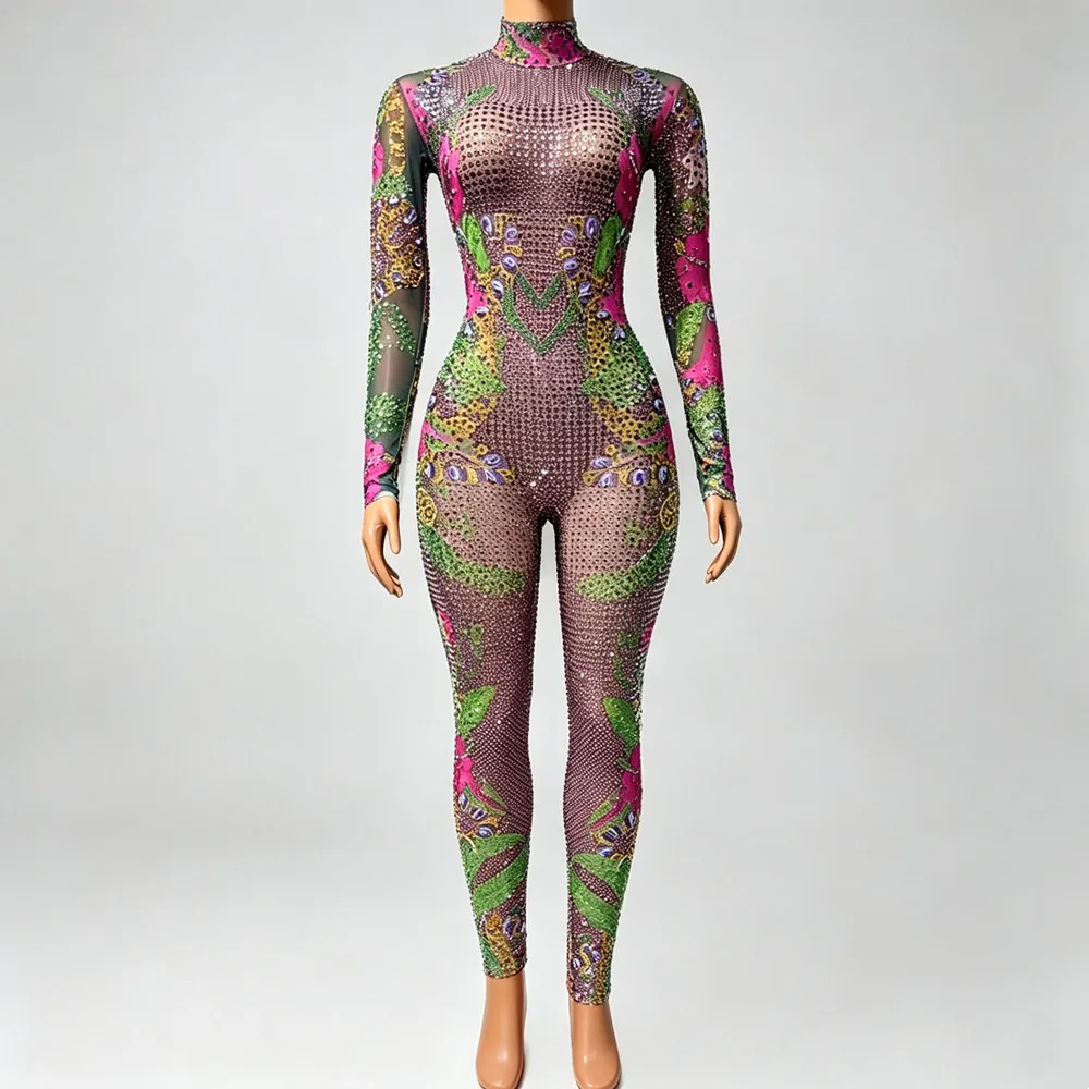 Multi Color Rhinestones Tight Jumpsuit Women Sexy Performance Dance Costume Birthday Party Rompers Bar Dancer Singer Stage Wear