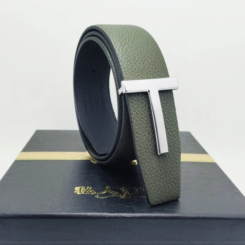 High Quality cintura uomo Luxury Goods Designer Male litchi Leather T-shaped Buckle Belt With Double-sided Use 38MM Tom ceinture