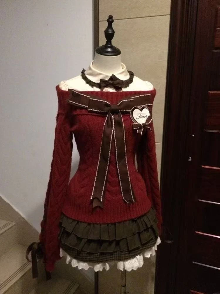 Winter Japanische Kawaii Lolita Süße Weihnachten frauen Zwei Stücke Set Bogen Knoten Gestrickte Pullover + Dünne Mini Rock Weibliche kleidung