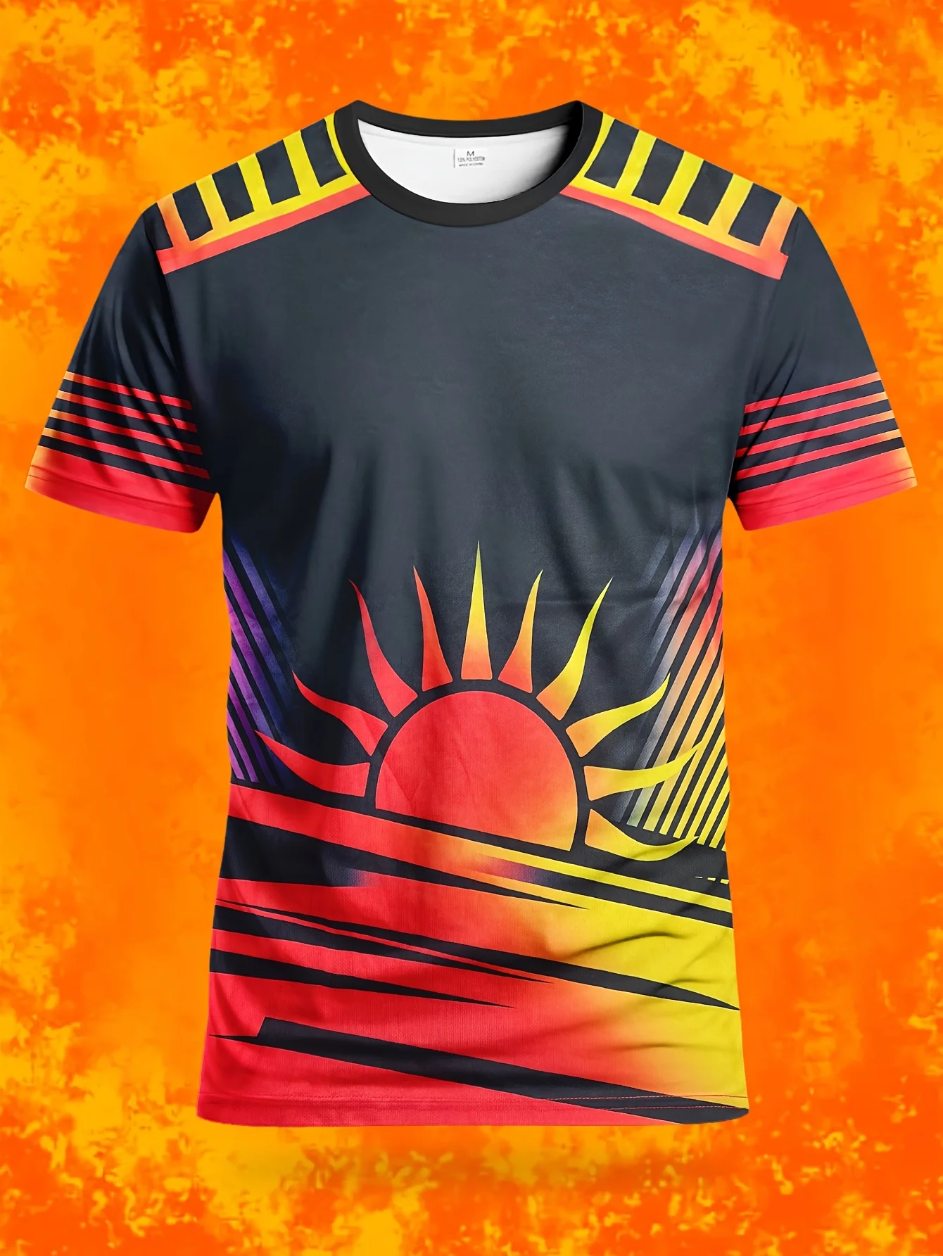Men Quick Dry High Elastic Sport T Shirt Sunset Sun Stripe Gradient Print Breathable Training Top